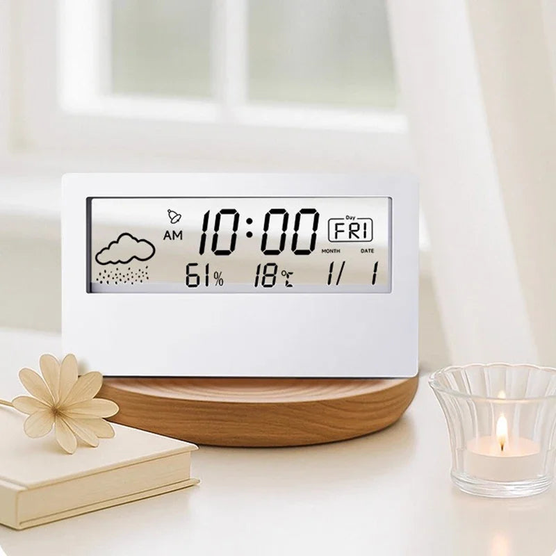 LCD Desktop Alarm Clock Transparent Calendar Weather and Digital Temperature and Humidity Display Home Appliance Smart Life