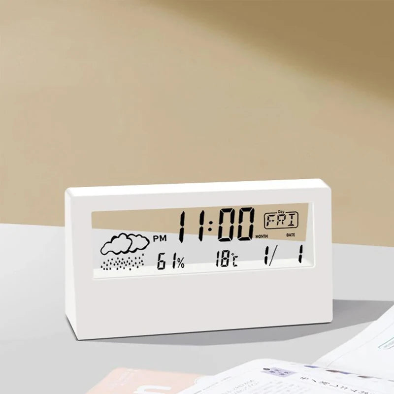 LCD Desktop Alarm Clock Transparent Calendar Weather and Digital Temperature and Humidity Display Home Appliance Smart Life