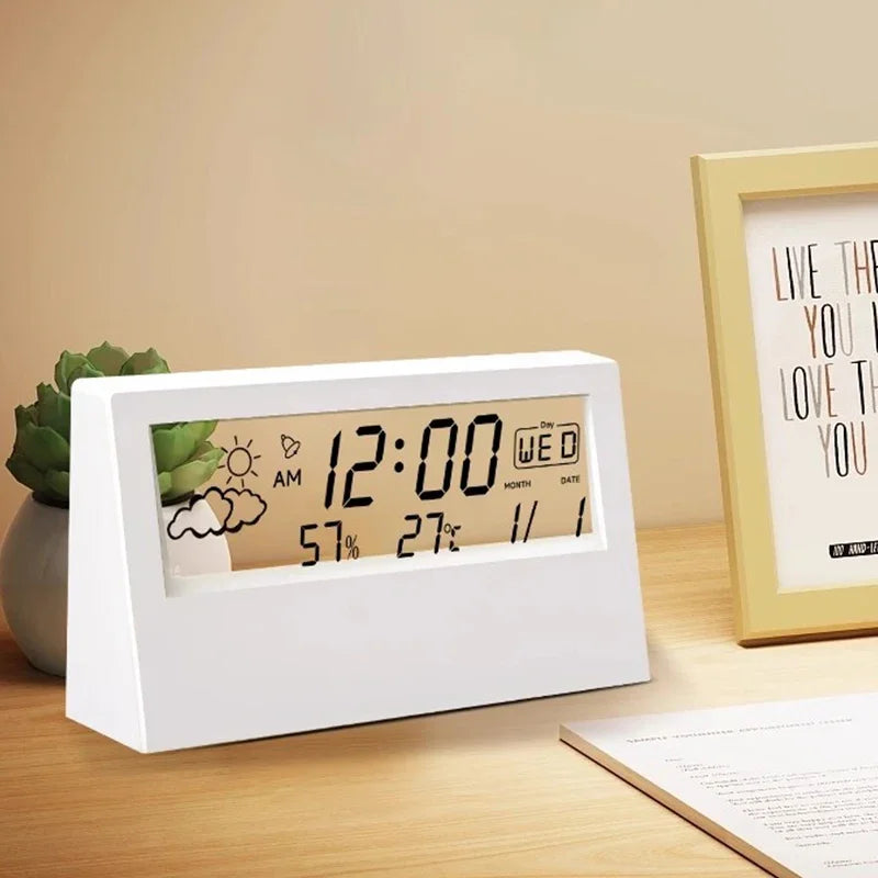 LCD Desktop Alarm Clock Transparent Calendar Weather and Digital Temperature and Humidity Display Home Appliance Smart Life