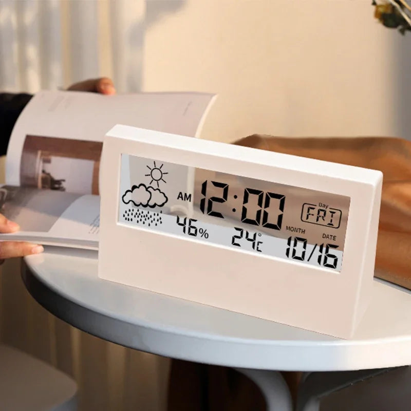 LCD Desktop Alarm Clock Transparent Calendar Weather and Digital Temperature and Humidity Display Home Appliance Smart Life