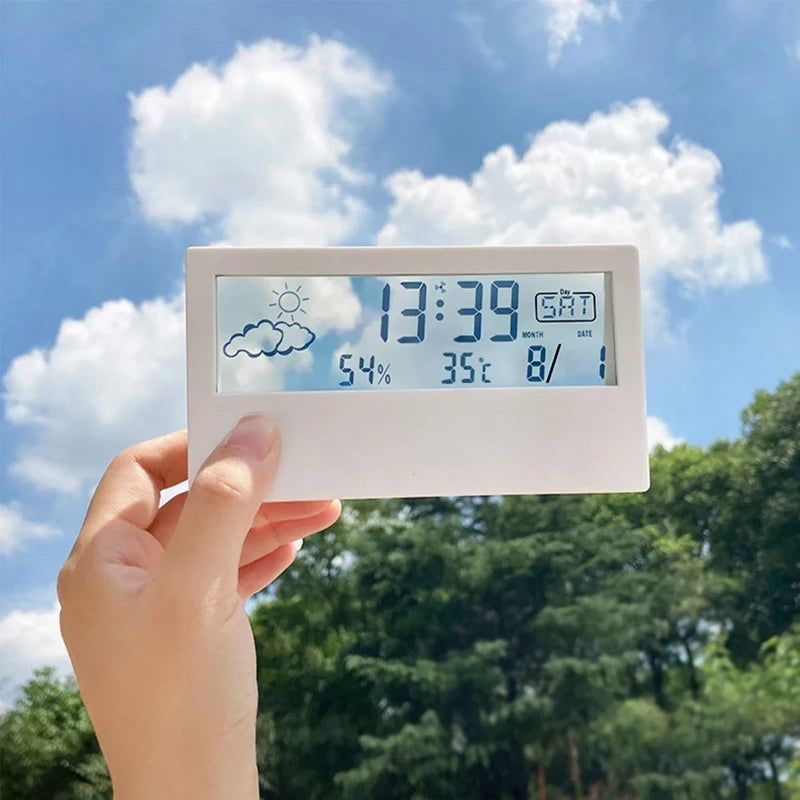 LCD Desktop Alarm Clock Transparent Calendar Weather and Digital Temperature and Humidity Display Home Appliance Smart Life